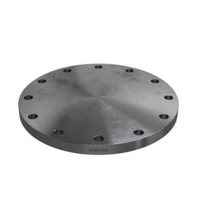 Indura blindflange DN250 med 273 mm diameter og 12 bolthuller, viser produktets logo og præcise dimensioner i grå metal.