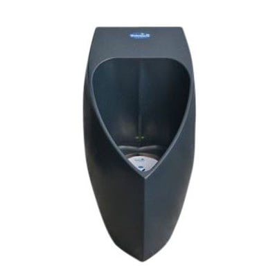 Uridan Waterless Eco urinal i grå 100% genbrugsplast med 50 mm lodret afgang og anti splash design.