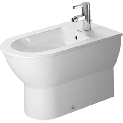 Duravit Darling New gulvbidet i hvid porcelæn med krom hane og WonderGliss overflade, set fra siden.