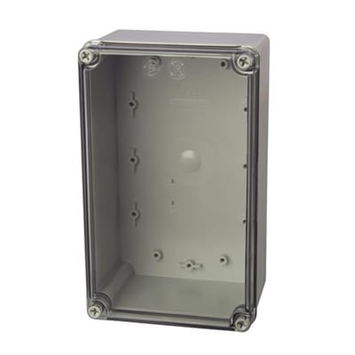 Fibox montagekasse 140x230x95mm i polycarbonat med transparent låg og grå bund, fastgjort med skruer.