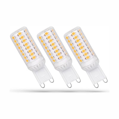 Tre SpectrumLED G9 LED-pærer med synlige lysdioder og hvide sokler, 4,9 W og dæmpbar.