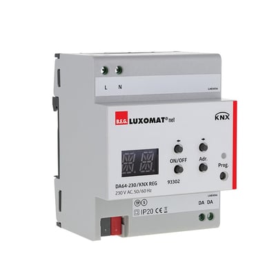 Hvid B.E.G. DA64-230/KNX REG-gateway til KNX- og DALI-belysningsstyring med display, knapper og tilslutninger.