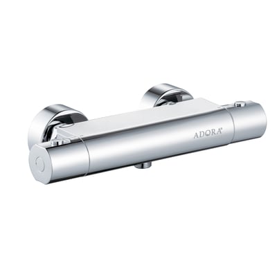ADORA Exigo D 150CC termostatarmatur til bruser i skinnende krom med to drejeknapper og tydeligt ADORA logo på en hvid baggrund.