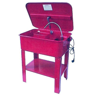 Folkeclean APW12 rensekar i rød med åbent låg, viser en integreret vask og en svanehalslampe samt en 220V strømkabel.