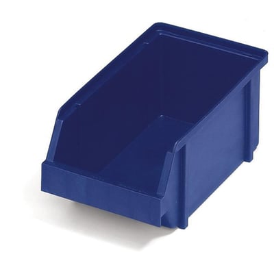 Isoleret Raaco lagerkasse 4-280 i blå plast, med en åben front, set fra en let skrå vinkel.