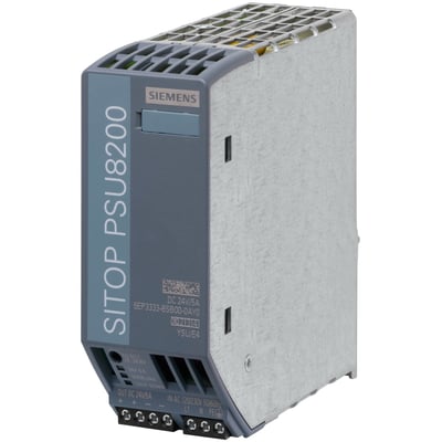 Siemens SITOP PSU8200 strømforsyning, 24 V/5 A, viser fronten med terminaler og mærkning for DC output og AC input på en neutral baggrund.