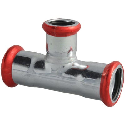 Unico forzinket tee fitting med dimensioner 108x76,1x108 mm og røde samlinger, velegnet til varmeinstallationer.