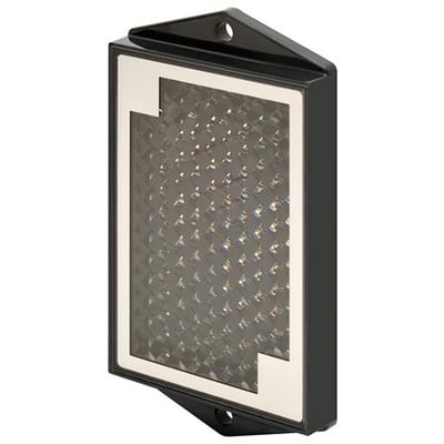 Omron E39-RP1 polariserende reflektor 44x64mm med sort plasthus og reflekterende mønster på isoleret hvid baggrund.