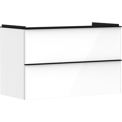 Frontvisning af Hansgrohe Xelu Q vaskeskabet i hvid højglans med diskret sort grebsliste, forberedt til ophængning.