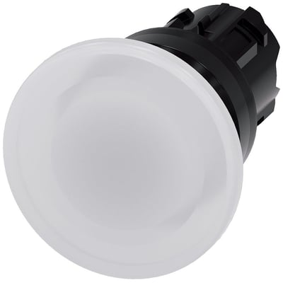 Siemens oplyst paddehattrykknap, 22mm diameter, hvid ru plast med 40mm aktuator, set fra siden med hvid baggrund.