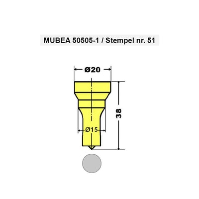 Teknisk tegning af Mubea stempel 50505-1 med angivelse af dimensioner, Ø20mm og Ø15mm, samt højde 38mm.