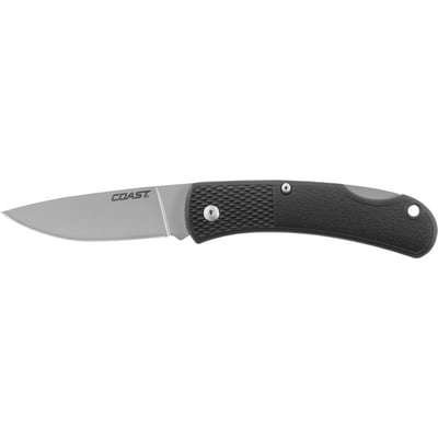 Coast BX300 kniv med et skarpt sølvfarvet blad og et sort, ergonomisk greb med tekstur for bedre greb.