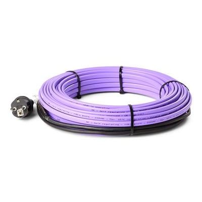 Heatcom PipeHeat selvregulerende varmekabel på 13 meter med stik til frostsikring af rør, i lilla og sort.