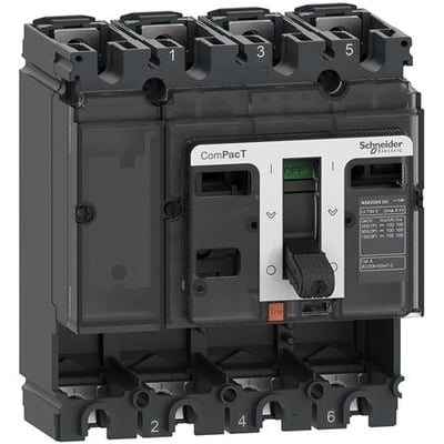 Schneider Electric 4-polet ComPacT NSX 160S DC maksimalafbryder med et tydeligt 'OFF' håndtag og mærket 750VDC.
