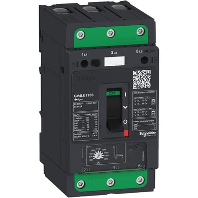 Schneider Electric TeSys GV4LE115S motorværn i sort og grønt, med tydelig mærkning af 115A og 50kA brydeevne.