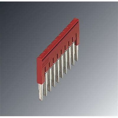 Phoenix Contact indlægsbro FBS 20-5 GY med 20 poler og 5,2 mm deling i rød plast og kobber på grå baggrund.