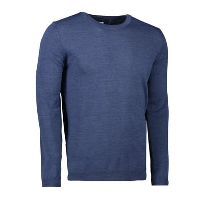 Detaljeret billede af Seven Seas pullover i blå melange merino uld, viser tekstur og rund halsudskæring.
