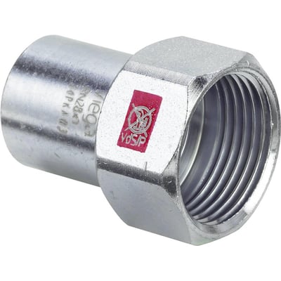 Viega Prestabo indstiksstykke i stål, visende 15mm pres-ende og 1/2" gevind med VdS/P logo på rød mærkat.