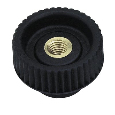 Rouletteret fingerskrue H765 i sort glasfiberforstærket polyamid med messing gevindbøsning og M6 gevind.