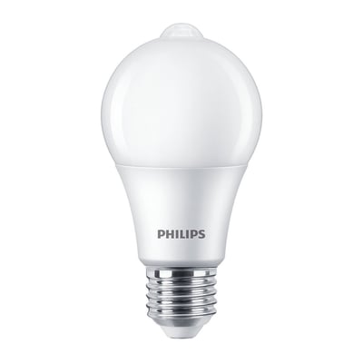 Hvid Philips MASTER LED-standardpære med synlig sensor øverst, mat A60-form, E27-sokkel og 8 W effekt.
