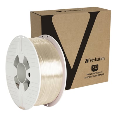 Verbatim 3D printer filament PET-G i transparent farve, 1.75mm diameter og 1kg vægt, vist på en rulle med Verbatim logo og æske.