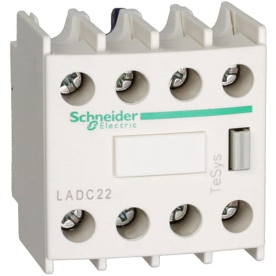 Lys beige Schneider Electric hjælpeblok LADC22 med 2 slutte og 2 bryde kontakter, vist fra siden på hvid baggrund.