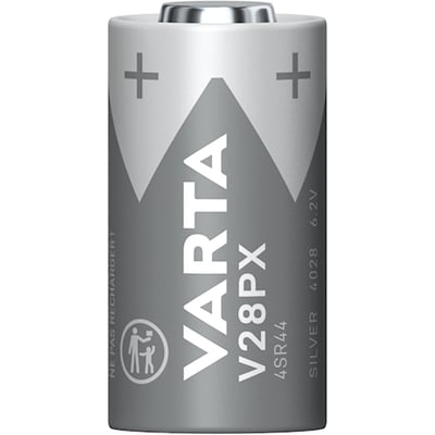 Et enkelt Varta V28PX/4SR44 sølvoxid batteri med 6.2V spænding, vist i detaljeret nærbillede.