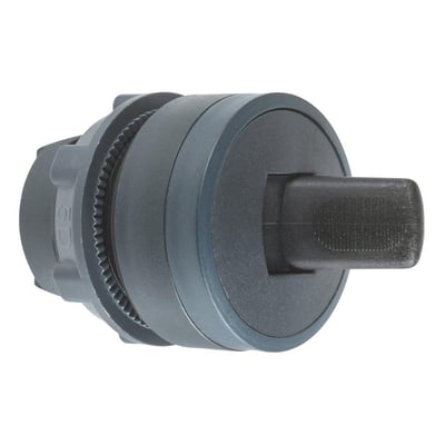 Schneider Electric ZB5 vippeafbryder med 2 faste positioner og sort drejegreb, 22mm i diameter på hvid baggrund.