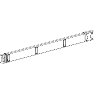 Detaljeret perspektiv af Schneider Electric kanalskinne med 6 udtag, 3 meter lang, hvid RAL 9001 og IP55 beskyttelse.