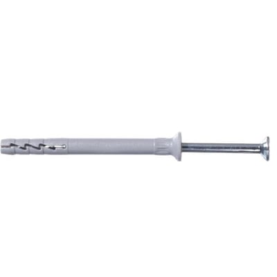 Expandet sømdybel 5x40/15mm i grå plast og galvaniseret stål med undersænket krave og stift.