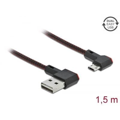 Sort DeLock EASY-USB 2.0-kabel på 1,5 meter med Type-A- og Micro-B-hanstik, vist med begge stik.