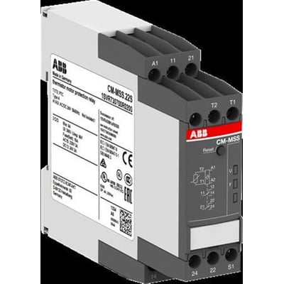 Nærbillede af ABB termistorrelæ CM-MSS 22S, der viser mærkning, terminaler og reset-knap, ideel til motorbeskyttelse.