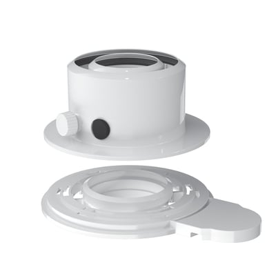 Nærbillede af Bosch AZB 1388 aftræksadapter, der viser CO2 og O2 tilslutninger og hvid plastmateriale.