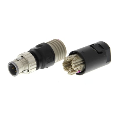 ICD mandlig M12 sensor konnektor med 4 ben, 4P, hvid isolering og grå PVC-kappe.