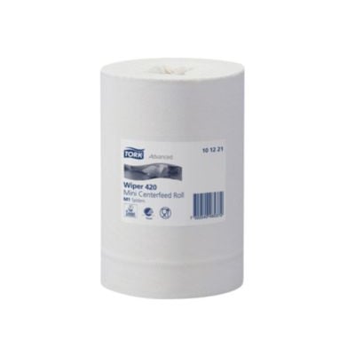 Hvid rulle Tork Aftørringspapir Plus Mini, 2-lags Advanced 420 til M1-dispensere, med produktetiket på forsiden.