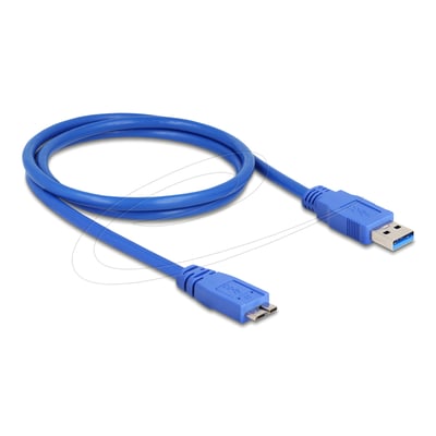 Blåt Delock USB-kabel på hvid baggrund med Type-A-hanstik og Micro-B-hanstik, USB 5 Gbps og 1 meter.