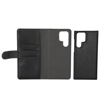 Samsung Galaxy S22 Ultra PU wallet cover, vist åbent med plads til tre kort og det aftagelige, sorte cover.