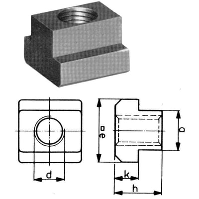 AMF 508 T-not møtrik med M12 gevind, viser dimensioner og konstruktion for T-spors opspænding.