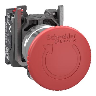 Schneider Electric nødstop, rød Ø40 mm padde med drejefunktion og push-in fjederklemme-tilslutning.