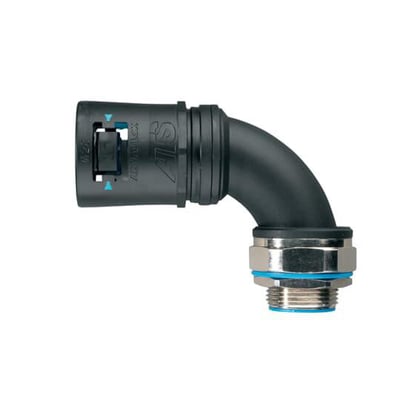 Sort Thomas & Betts Adaptalok ATS 90° albuefitting til 21 mm rør med drejeligt M20-gevind og blå ring.