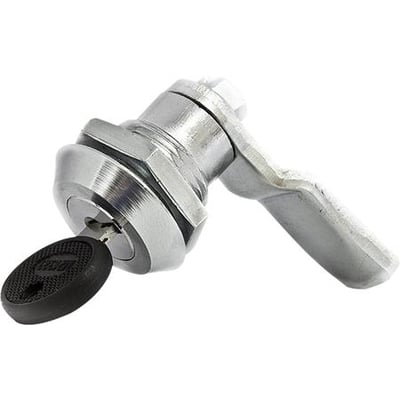 Detaljeret billede af ALL508 lås til Ronis, fremstillet af krombelagt stål med en sort nøgle isat.