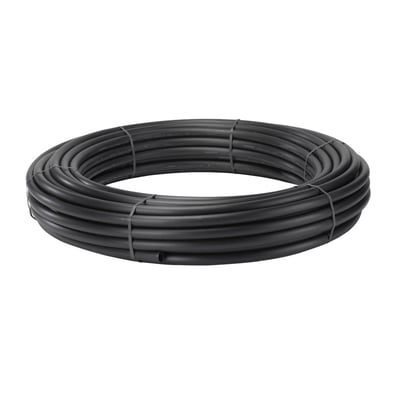 Sort Uponor PE80-rør i en oprullet ring, 40 mm, PN6 og SDR17, leveret i en længde på 500 meter.