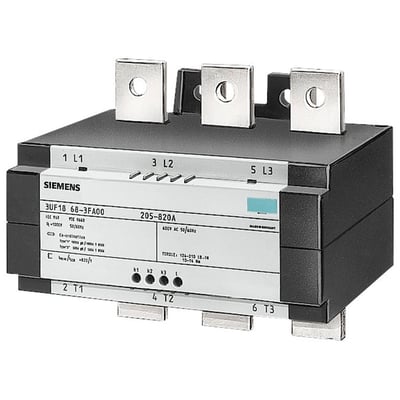 Siemens 3UF18 68-3FA00 strømtrafo til Simocode, 820A mærkestrøm og 1A sekundær strøm, med terminaler mærket 1-6.