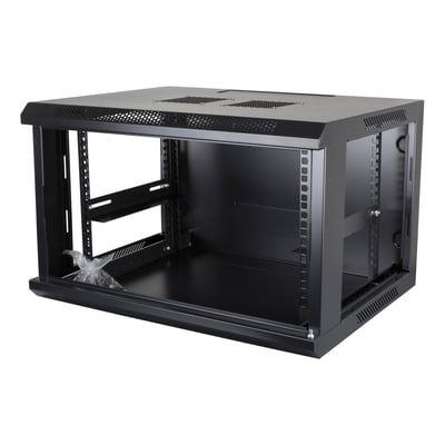 Toten 19" vægkabinet 6U, 600x450mm med åben dør, set fra et skråt vinkel, fremhæver den interne struktur og monteringsskinner.