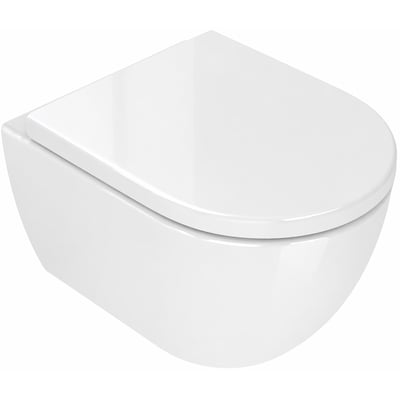 Hvidt, kompakt COBA hængetoiletsæt på 49 x 36 cm med lukket toiletsæde, set skråt ovenfra.