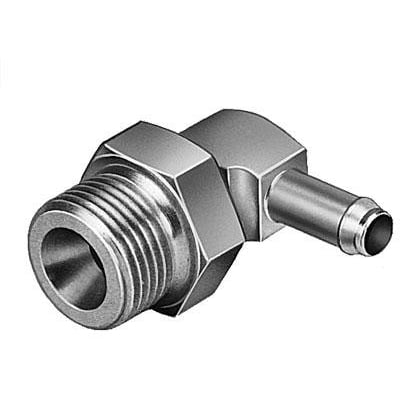 Festo vinkel-forskruning LCN-3/8-PK-6, en metalstud med gevind og en 90-graders vinkeldel med slangetilslutning.