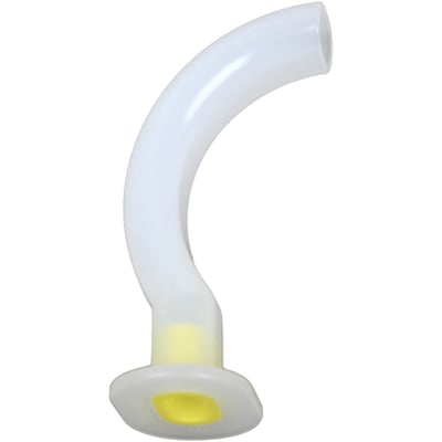 En steril, anatomisk formet tungeholder i hvid fleksibel plast med gul bideblok til engangsbrug.