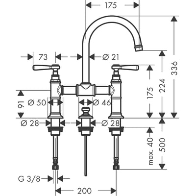 Teknisk tegning af AXOR togrebsbatteri i børstet nikkel med 175mm tud og bundventil, med dimensioner.