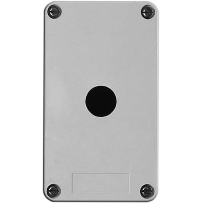 Grå plastboks med ét Ø22 mm hul i midten og fire skruer i hjørnerne, mærket Schneider Electric.