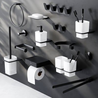 Oversigt over AM.PM Inspire V2.0 badeværelses tilbehør i mat sort, herunder toiletbørste, sæbedispenser og håndklædering.